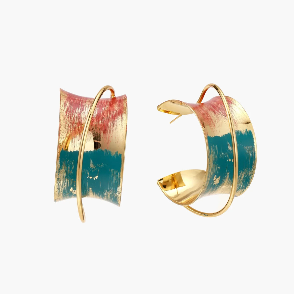 Gold-plated hoop earrings with teal and coral enamel brushstroke design, from the Undimmed collection at Love Your Beauty