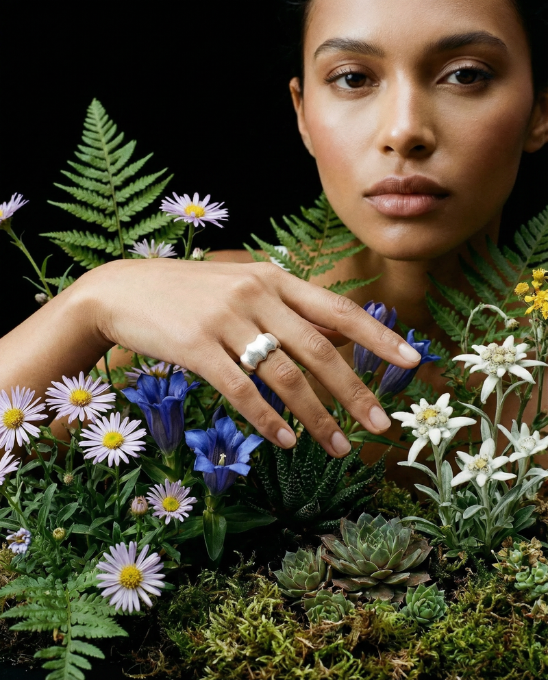 Woman wearing minimalist silver ring surrounded by flowers, representing luxury self care and feminine calm.