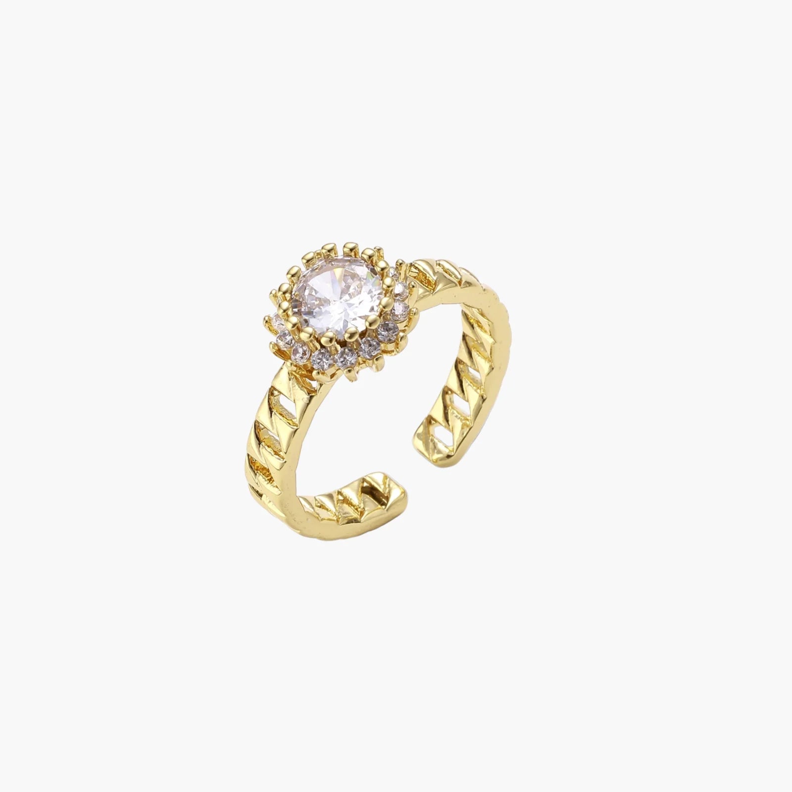Gold-plated adjustable ring with twisted chain band, central cubic zirconia stone surrounded by crystal halo on cream background