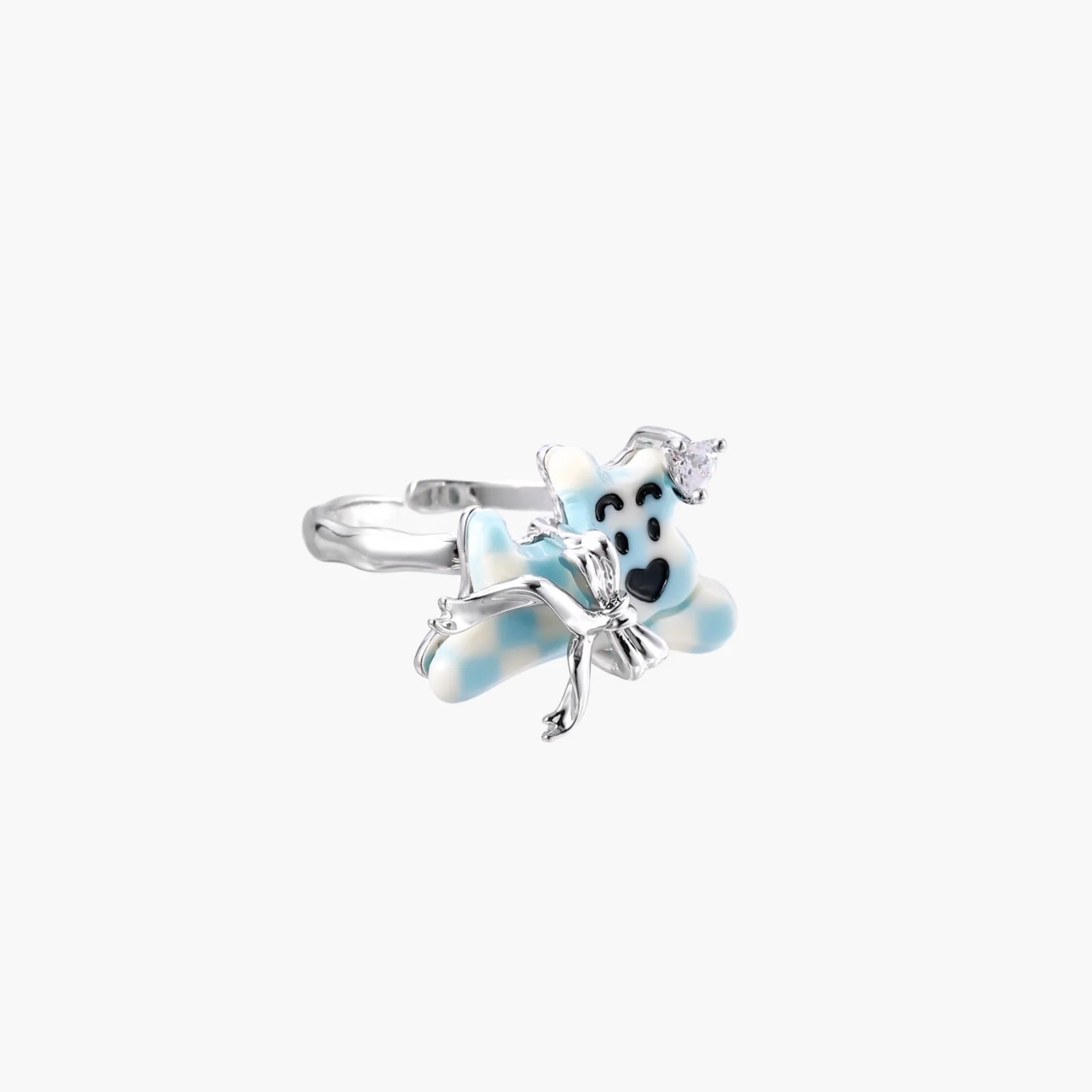 Adjustable white gold-plated ring with 3D blue enamel puppy wearing crystal crown on beige background