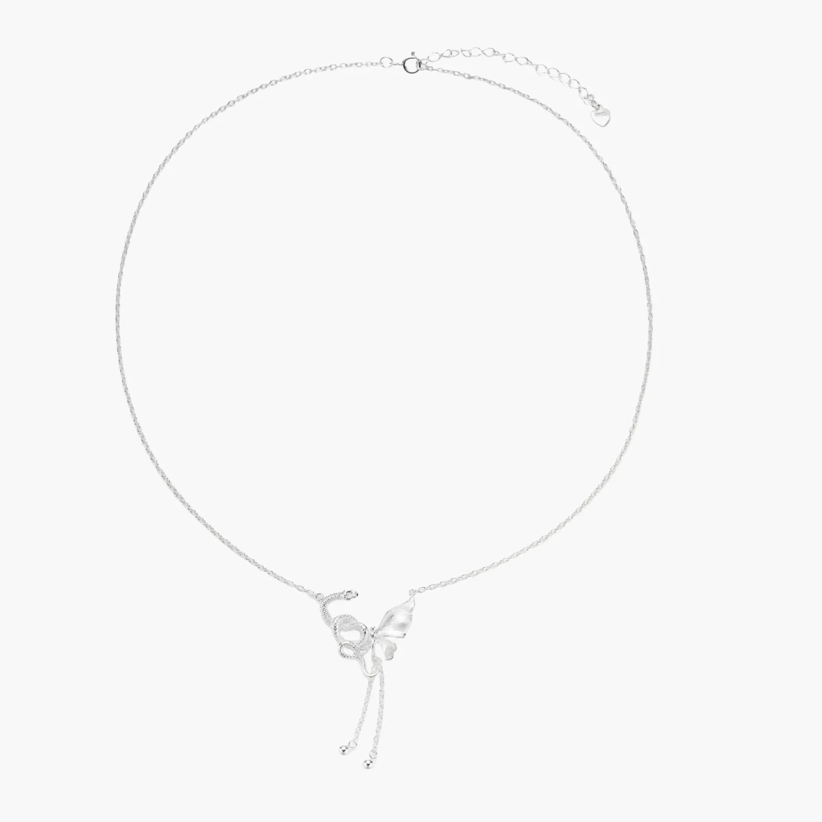 Sterling silver butterfly pendant with textured wing detail on adjustable Y-chain with ball drop ends