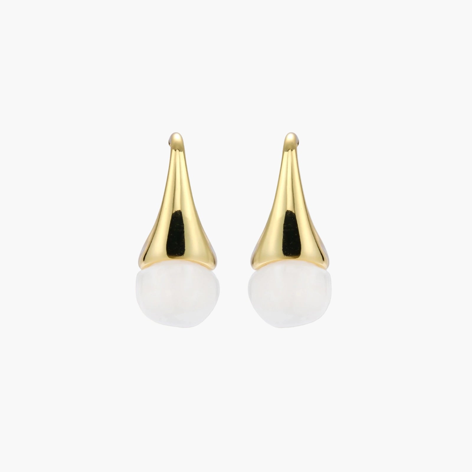 Pair of small gold-plated hoop earrings with triangular cone fronts and curved backs on white background.
