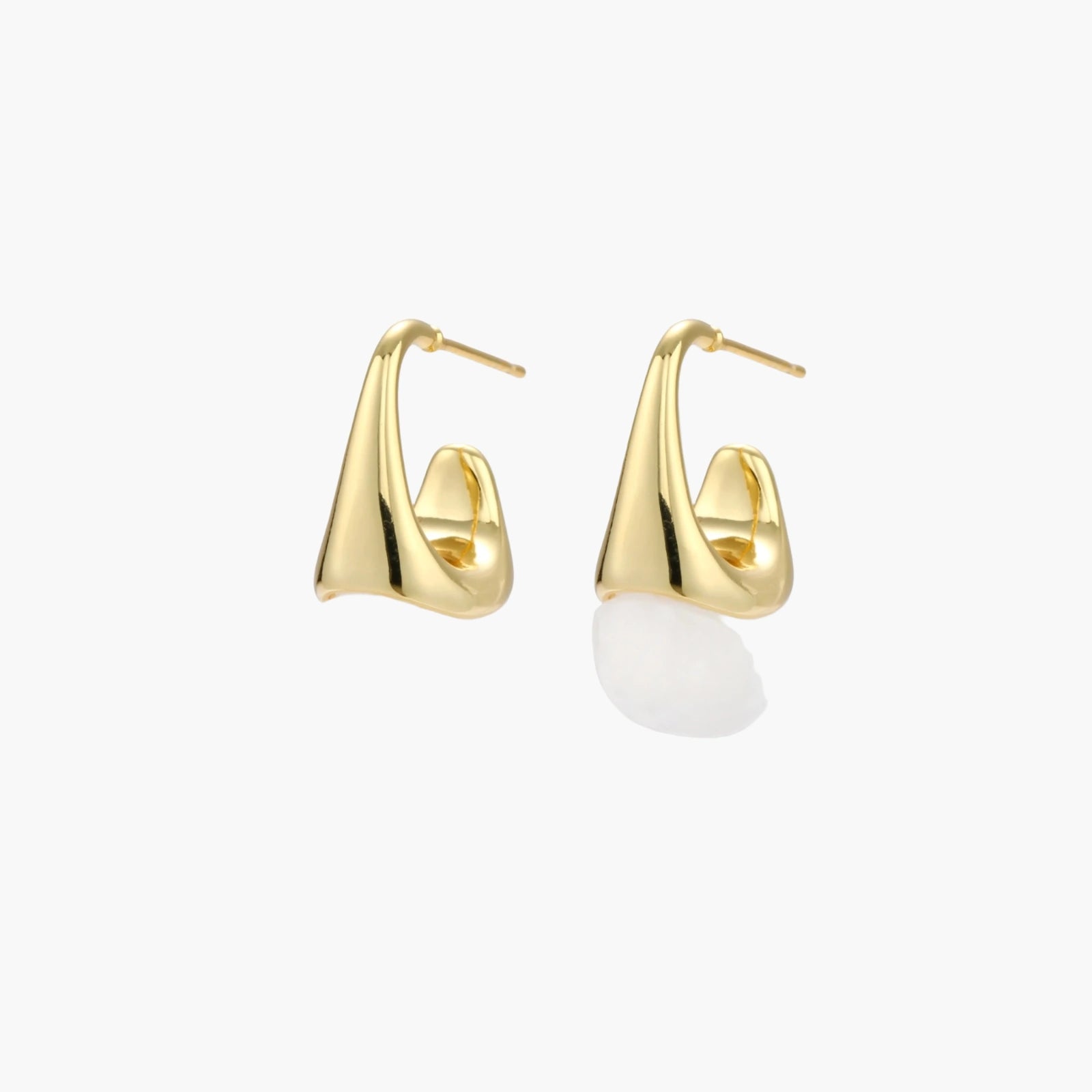 Pair of small gold-plated hoop earrings with triangular cone fronts and curved backs on white background.