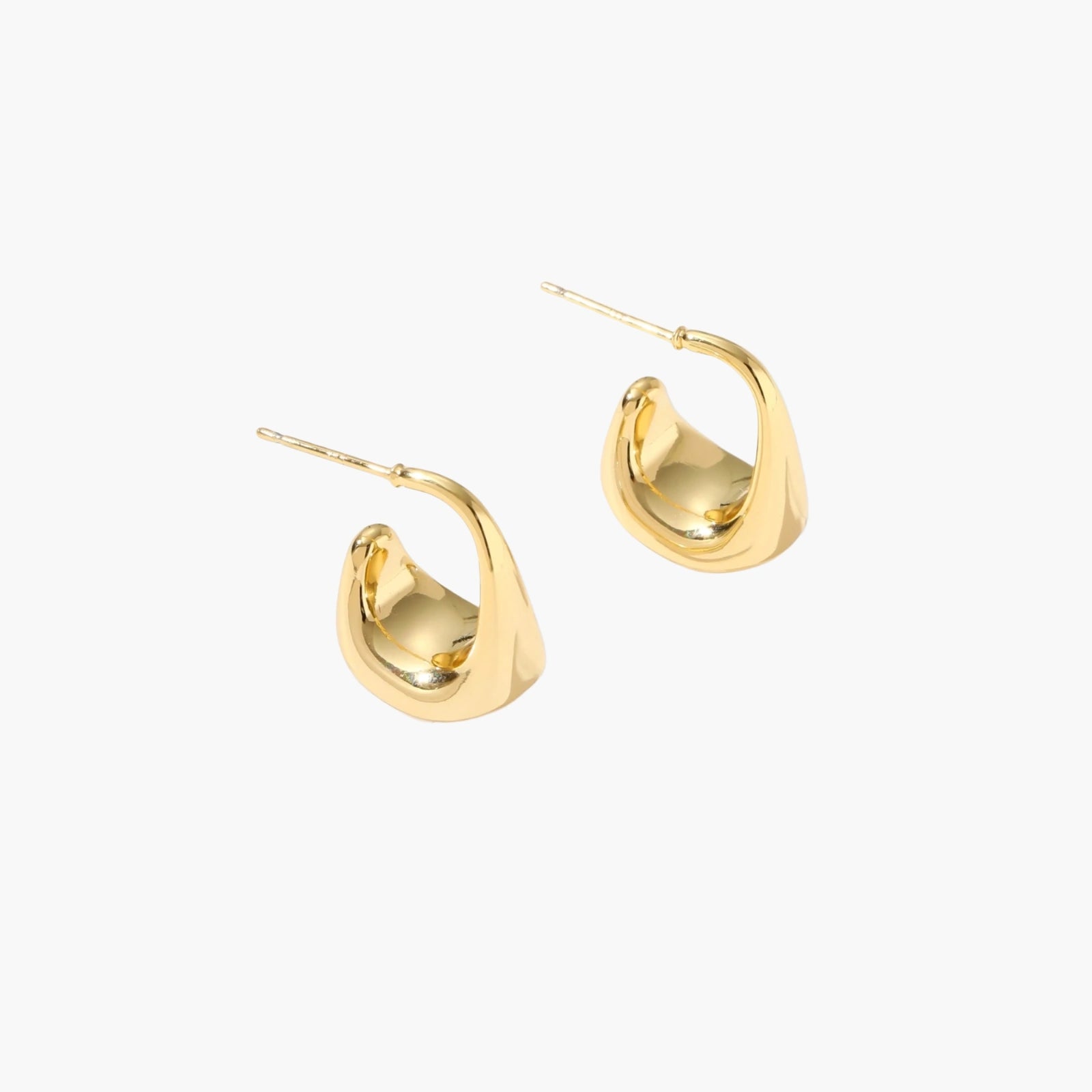 Pair of small gold-plated hoop earrings with triangular cone fronts and curved backs on white background.